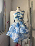 Plataz Oblique Shoulder Small Dress Holiday Wind Shoulder Pressure Folding With Hollow Print Ponbo Cake Skirt Skirt Tide