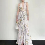 Plataz Sleeveless V-Necked Neck Dress With Wooden Ears Exposed Back Long Dress Beach Beach Seaside Holiday Dress