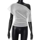 Plataz Women's Summer New Sexy Slim Slim Solid Color Oblique Shoulder Perspective Top DJPT