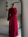 Plataz New Chiffon Ear Splicing Chiffon Temperament Half-High Collar Long Dress