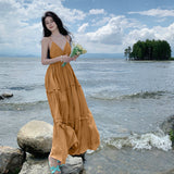 Plataz Sanya Beach Dress Women's Slings Ribbons With Back V-Neck Dress Temperament High-Rise Lanky Skirt