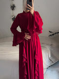Plataz New Chiffon Ear Splicing Chiffon Temperament Half-High Collar Long Dress