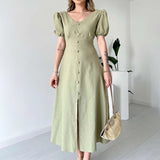 Plataz Women's Summer French V-Neck Bubble Bubble Sleeve High Waist Open Temperament With Long Dress