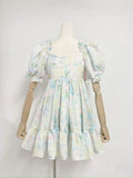 Plataz Summer New Square Collar Bubble Sleeve Bow Tie With Belt Print Short Dress Woman