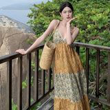 Plataz Summer Dress New Seaside Holiday Wind Loose Sling V Tie Print Splicing Dress Dress Waist And Ankle