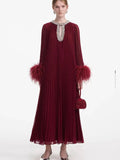 Plataz 2024 New Round-Neck Heavy Industry Nail Nails And Fur Folding Process Horn Sleeve Long Dress