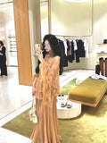 Plataz Cooked Wind Kaqi Color Lotus Leaf Side Horn Sleeve Topsuit 2024 Autumn New Temperament Drag Floor Skirt