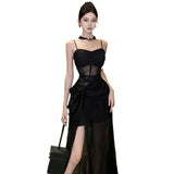 Plataz Black Sling Dress Woman Summer Niche High-Sensance Hottie Open Fork Long Skirt