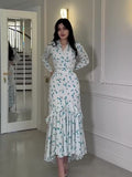 Plataz 2025 Gentle Wind Small Fresh Flowers And Leaves Side Long Dress Woman