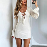Plataz Women's New Knitted Tying Dress With Long Sleeves And Hip Mini Skirt HZ0628
