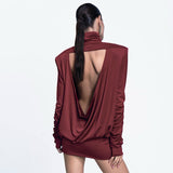 Plataz Women's Autumn And Winter High-Collar Pad Shoulders Loose Multi-Fold Sexy Back Short Skirt DJPT