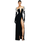 Plataz Card Shoulder Long Sleeves Chest V-Neck Pattern Hot Diamond Banded Dress Sexy Temperament Dress Dress