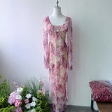 Plataz Holiday Fairy Pink Broken Flower Dress Design Feeling Lotus Leaf Side Flowing Long Dress 2024 New Model