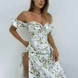 Plataz Bohemian Floral Bosom Long Dress French High-Waisted Fork-Repair Temperament Shoulder Dress DJPT