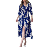 Plataz Women's Summer V-Necked Print Skirt High Waist-Comfort Temperament Open-Broken Flower Dress