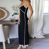 Plataz Summer New Women's Sexy Bare Back Black And White Lines Bump Color Chest Sling Dress