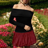 Plataz Women's New Word Collar Shoulder Long Sleeve Splicing Floral Skirt DJPT