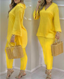 Plataz Explosion Color New Plain Horn Sleeve V Collar Top And Trousers Fashion Lady Set DJPT