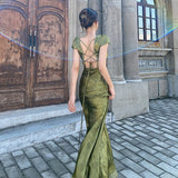 Plataz Turquoise V-Necked Back-Sin-Faced Jab Dress Dress Women's Summer Harvest Waist Thin Dress Dress Seaside Beach HZ0628