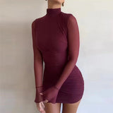 Plataz Fashion Sexy Round-Neck Long-Sleeved Perspective Solid-Color Bag Hip Short Dress