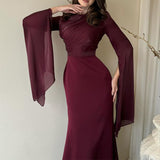 Plataz And Autumn 2024 Solid Color Splicing Big Swing Sleeve Collar Body Repair Dress Dress