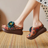 Plataz Of The Pig Skin National Wind Flower Print Big Flower Summer Retro Hollow Fish Mouth National Wind Drag High Quality Shoes