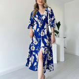 Plataz Women's Summer V-Necked Print Skirt High Waist-Comfort Temperament Open-Broken Flower Dress