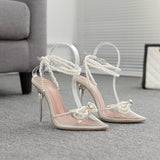 Plataz High Heels 2025 Spring Tip Sweet Bow Summer Water Drill Transparent Women's Pearl Sandals High Quality Shoes