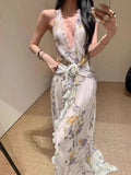 Plataz Niche Elegant Temperament Hanging Neck-Loaked Dress Woman 2025V Collar Folded Three-Dimensional Flower Dress