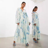Plataz Women's Printed Chiffon Dress V Collar Folded Waist Drawstring Long Sleeve 8042 HZ0628