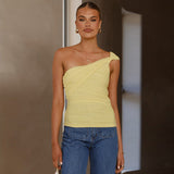 Plataz Women's Summer New Elegant Oblique Shoulder Kinned Mesh Splicing Tset DJPT