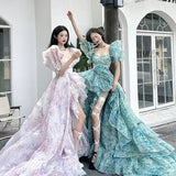 Plataz 2025 New Fugitive Princess French Retro Niche Design Chopped Flowers Tailed Collar Bubble Sleeve Dress