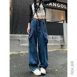 Plataz Kong Style Retro Big Pocket Workwear Jeans Women's Spring And Autumn Tide Straight Loose Hanging Wide Leg Trousers DJPT