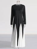 Plataz Elegant Dress 2025 Summer New Bump Color Splicing Round Neck Long Sleeves To Close The Waist Dress Dress Woman