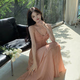 Plataz And Sexy Hanging Neck Sling Dress Summer Temperament High-End Seaside Holiday Dress Waist 100 Folded Skirt