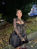 Plataz Autumn And Winter Series Lead Lace Long-Sleeved Black Lace Shoulder-Puff Mini Dress Beauty