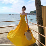 Plataz Dress Design Feel Seaside Vacation Side-By-Side Sling Beach Skirt To Ankle Long Gentle Wind