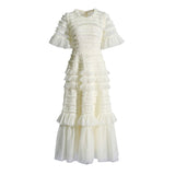 Plataz Elegant Dress 2025 Spring New Round Neck Pressure Folding Mesh Splicing Wave Point Cake Skirt