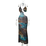 Plataz Summer New Slings Sexy Hollow Print Beach Beach Holiday Bag Hip Dress DJPT