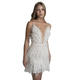 Plataz And Winter New Women's Sexy Bareback Party Dress To Close The Waist Deep V Feathers Sling Skirt