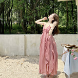 Plataz Lotus Leaf Side Pink Holiday Hanging Back Hanging Neck Sling Dress Female Atmosphere Feel Seaside Take Pictures Long Skirt