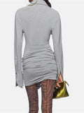 Plataz Babes Gray Long-Sleeved Polo Collar Short Dress Girl Niche Fall Sexy Irregular Hollow Dress