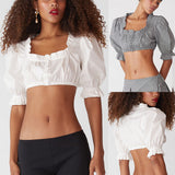 Plataz Women's New Casual Ultra-Short Top Decoration Wood Ear Sexy Umbilled Shirt