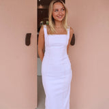 Plataz 2025 New Solid Color Sleeveless Sling Square C-Necked Back Opening Dress