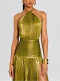Plataz Women's Metallic Metallic Folding Fork With Hanging Neck Dress Sleeveless Back 8155 HZ0628