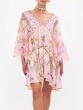 Plataz Niche Silk Silky Retro Court Print V Collar Horn Sleeves Loose Waist Small Flowing Dress