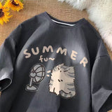 Plataz Cotton Shoulder Summer New Round Collar Short-Sleeved T-Shirt Cute Kitten Print Loose Blouse DJPT