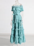 Plataz Court Style 2025 New Heavy Industry Lotus Leaf Side Shoulder Shoulder Lace Dress Solid Color Dress Woman