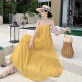 Plataz Seaside Holiday Yellow Bareback Sling Skirt Chiffon Design Long Dress Thai Bali Beach Dress