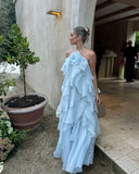 Chic Sky Blue Ruffled Tiered Evening Gown Sheath Chiffon Party Dress Long Formal Dress HZ1024